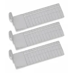 This 3-pack of clear drawer dividers is made from styrene acrylonitrile. Each divider measures 1/8 in wide and 3 in high. Used to organize medical cart drawers by creating compartments for separating supplies or instruments.