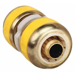 Rigid garden hose repair fitting with male x female GHT threads for 5/8 in hose I.D. Connects standard garden hoses to mend damaged sections without replacing the entire hose. Suitable for residential and light commercial watering applications.