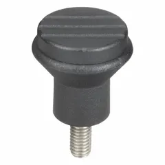 Pull knob with threaded stud, 21 mm diameter plastic body and stainless steel #10-32 thread, 10 mm thread length. Used for manual gripping and pulling on machinery, jigs, or fixtures in industrial equipment.