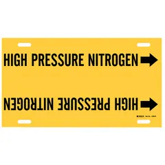 Yellow pipe marker with black legend text reading 'High Pressure Nitrogen' and directional arrows. Fits pipe outer diameters of 10 to 15 inches. Supplied as a single strap-on marker for identifying high-pressure nitrogen piping in industrial facilities.