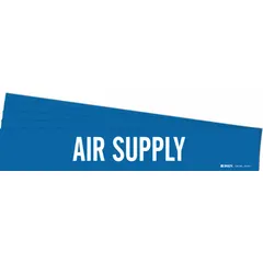 Blue adhesive pipe markers with white 'Air Supply' legend, designed for pipe outer diameters from 2-1/2 to 7-7/8 inches. Each pack contains 5 markers without arrows, used to identify compressed air or pneumatic supply lines in industrial piping systems.