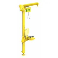 This freeze-resistant heat-trace floor-mount emergency shower with eyewash is constructed with a covered plastic bowl and galvanized steel pipe. It operates on 120 V AC with a hardwired electrical connection, suitable for facilities requiring reliable decontamination in cold environments.