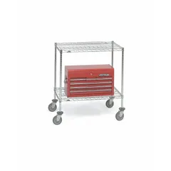 Mobile wire shelving unit for dry use with a silver finish, chrome posts, and two round steel shelves. Features (4) swivel casters with rubber wheels and a split-sleeve design. Suitable for organizing dry goods and light equipment in commercial kitchens, warehouses, and retail storage.