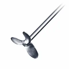 This overhead stirrer impeller features a stainless steel shaft and blade with a pitched blade shape for efficient axial flow mixing. The 1/4 in shaft diameter fits compatible overhead stirrers. Used in laboratory and industrial processes for blending, homogenizing, and suspending fluids.