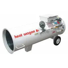 Direct-fired portable gas torpedo heater with 950,000 BtuH heating capacity output, compatible with natural gas or propane. Includes thermostat for temperature control. Overall dimensions: 39 in H x 30-1/2 in W x 73 in D. Suitable for temporary heating in construction sites, warehouses, and industrial facilities.