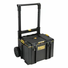 This rolling tool box from DEWALT's Tough System line is constructed of black plastic and measures 23 7/8 inches wide by 19 5/8 inches deep by 16 5/8 inches high. It features a latch closure and is designed for transporting and storing tools and equipment on job sites, suitable for construction, maintenance, and industrial applications where mobility is required.