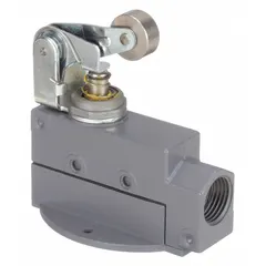 Top-mount limit switch with roller-plunger actuator and lever arms. Features screw terminals for electrical connection. Used in industrial control and automation systems to detect position of moving parts in applications such as conveyors, packaging machinery, and material handling equipment.