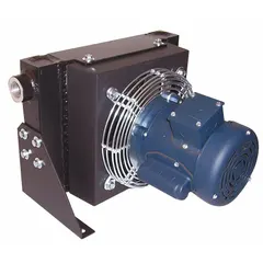 Fan-powered aftercooler designed to reduce compressed air temperature, protecting downstream equipment such as dryers, filters, and piping. Rated for 40 hp max compressor output power, 245 cfm, 115/230V AC, 1-Phase. Suitable for industrial compressed air systems.