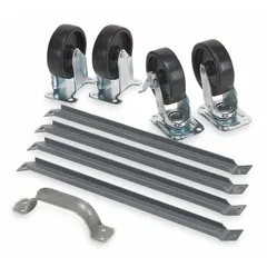 This mobile kit converts stationary bin rail racks into movable units, facilitating the transport of parts and tools within industrial environments. The gray frame includes casters for smooth rolling and is designed for use with 5 1/2-inch bin rail racks. Suitable for warehouses, assembly lines, and maintenance shops to enhance workflow efficiency.