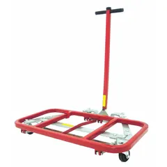 Lift-and-roll desk dolly for moving heavy furniture and equipment. 600 lb capacity. Red finish. 35 in height, 40 in width, 23 in depth. Four swivel casters with rubber treads for maneuverability and floor protection.