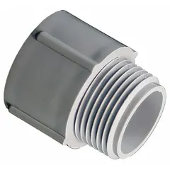 This PVC male threaded conduit adapter has a 1/2 in trade size and 1/2 in thread size. It is used to connect PVC conduit to threaded metal enclosures or fittings in electrical raceway systems.
