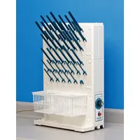 Benchtop electric drying rack made of ABS plastic. Features 4-inch pegs for drying glassware, instruments, and small parts. Overall dimensions: 16 3/4 in length, 7 1/2 in width. Designed for benchtop mounting in laboratory and cleanroom environments