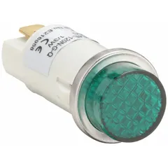 Green neon pilot light with a raised panel design. Features a 12 mm panel mounting hole diameter and a nylon housing. Electrical connection via 0.187 in tab terminals. Used in industrial control panels and machinery to indicate power-on or operational status.