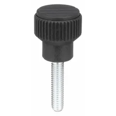 Knurled knob with threaded stud for manual adjustment and clamping on industrial machinery, jigs, and fixtures. Plastic body with steel #10-32 threaded stud provides secure grip for frequent hand-tightening. 21 mm diameter, 20 mm thread length, gray color.