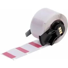 Red matte vinyl wraparound label for permanent identification of wires from 16 AWG to 8 AWG. Precut on a roll, 1 in x 1 in size. Compatible with BMP71 printer series; requires M61-R4310 ribbon. Suitable for panel building, electrical maintenance, and OEM wire marking.