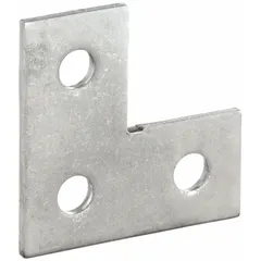 Corner plate made of 316 stainless steel with a polished silver finish. Features three 9/16 in holes and fits 1 5/8 in strut channels. Used to connect and reinforce strut channels at 90-degree angles in industrial framing, pipe supports, and cable tray systems.