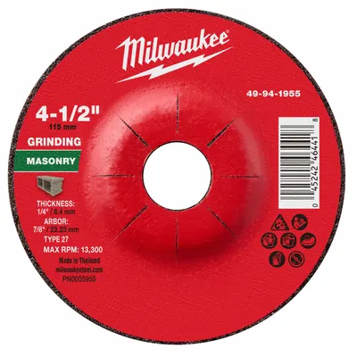 MILWAUKEE Grinding Wheel: Type 27, 4 1/2" x 1/4" x 7/8", Silicon Carbide - Grinding Wheels for Concrete & Masonry