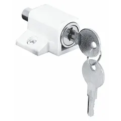 This sliding door lock from PRIME-LINE measures 1 3/4 inches in length, 1 3/4 inches in width, and 5/8 inches in height. It is designed for securing sliding doors in industrial and commercial facilities, helping to prevent unauthorized access and keep doors firmly closed.