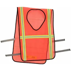 This men's ANSI Class 2 Type R safety vest is made of orange mesh polyester with a single horizontal silver reflective stripe bordered in lime. It features adjustable hook-and-loop side fasteners and a hook-and-loop front closure. Designed for worker visibility in low-light or high-traffic environments such as construction zones and road work, it meets ANSI 107 standards.