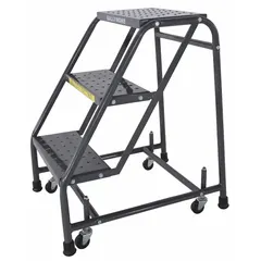 Steel rolling step stool with three steps, 2.4 ft overall height, and 450 lb load capacity. Equipped with four swivel casters for mobility. Suitable for tasks requiring elevated access in warehouses, retail, or maintenance settings.