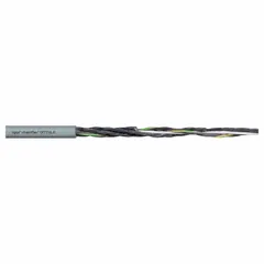 Continuous flexing control cable with 2 conductors of 17 AWG copper, including a ground conductor. PUR jacket provides oil and grease resistance. Rated at 1000 V and compliant with CE 2014/35/EU. Suitable for fixed, flexible, and e-chain applications with minimum bend radius factors of 4x, 5x, and 6.8x OD respectively.