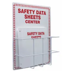 Wall-mount safety unit in red for displaying safety notices, evacuation maps, or compliance documents. Overall dimensions: 20 in height, 15 in width, 6 3/4 in depth. Mounting hardware not included.