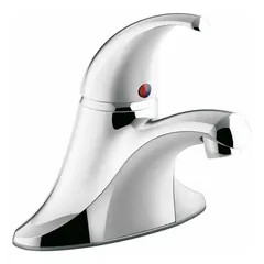 Centerset bathroom faucet with arc spout from the Coralais® series. Constructed of zinc with a polished chrome finish. Flow rate of 0.5 gpm. Includes flexible supply hoses. Suitable for handwashing at residential or commercial bathroom sinks.
