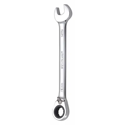 WESTWARD Combination Wrench: Alloy Steel, Chrome, 15 mm Head Size, 7 7/8 in Overall Lg - Metric 12-Point Ratcheting Combination Wrenches