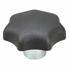 This 7-arm knob features a 63 mm diameter plastic body with a steel thread insert. The 5/8"-11 thread size and 22 mm thread length provide secure mounting. It is used for manual adjustment, clamping, and positioning on industrial machinery, jigs, and fixtures.