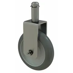 Replacement caster for shelf and utility carts. Unfinished silver/gray finish. Dimensions: 5 in height, 1 1/2 in width, 5 in depth. Used to replace worn or damaged casters on carts in industrial, commercial, or institutional settings.