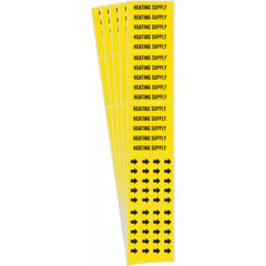 Yellow adhesive pipe markers with black legend text reading 'Heating Supply' and flow-direction arrows. Each pack contains 3 markers, fitting pipe outer diameters of 3/4 inch and smaller. Used to identify heating supply lines in piping systems for clear visual communication.
