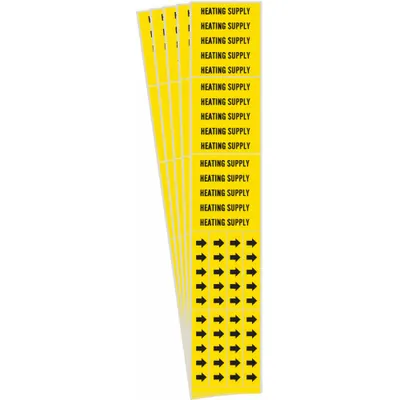 BRADY Pipe Marker: Heating Supply, Yellow, Black, Fits 3/4 in and Smaller Pipe O.D. - Heating Supply Adhesive Pipe Markers