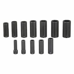 This 12-piece SAE impact socket set features a 3/8 in drive size and includes sockets ranging from 5/16" to 1". Designed for use with impact wrenches, it is suited for heavy-duty fastening tasks in automotive repair, industrial maintenance, and construction. The friction retention mechanism secures sockets on the anvil during operation.