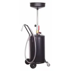 This portable oil waste containment container is designed for collecting and temporarily storing used engine oil, transmission fluid, and other waste lubricants during equipment servicing. It features an 18-gallon capacity, 72-inch overall height, 27-inch overall length, and 14 1/2-inch overall diameter, with a black finish.