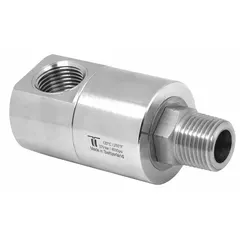 Nickel-plated C38500 brass rotating joint for air service. Single passage, 3/4 in stationary port, maximum speed 30 RPM. Used to transfer compressed air from a stationary supply into rotating machinery such as reels, drums, or indexing tables.