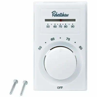 Robertshaw Line Volt Mechanical Tstat: Heat Only, On-Off, 50° to 90°F, Exposed Dial - Analog Thermostats