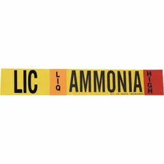 Ammonia adhesive pipe marker for LIQ phase, High pressure level. Fits pipe O.D. 8 in and larger. Includes 1 marker without arrows. Used to identify ammonia piping systems in industrial refrigeration and process safety applications.