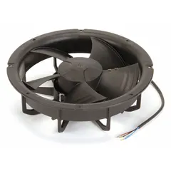 This wet-location round axial fan from EBM-PAPST features a 9 7/8 in diameter and 3 1/8 in depth. It operates on 230V AC and is constructed with a polypropylene housing rated IP55 for protection against dust and water jets. The fan terminates with lead wires for electrical connection. Typical applications include ventilation and cooling in environments where moisture or dust is present, such as industrial enclosures, agricultural buildings, and commercial kitchens.