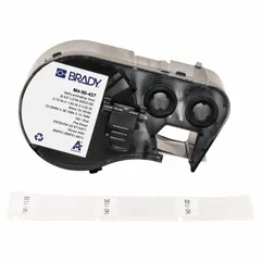 This precut label roll cartridge contains vinyl wraparound labels in white matte finish, sized 1 1/2 in x 3/4 in. Designed for wire gauges from 10 AWG to 4 AWG, the labels are compatible with the BMP53 printer series and require R4300 ribbon. Used for permanent identification of wires and cables in industrial environments.