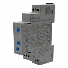 DIN rail-mounted time delay relay with adjustable timing from 0.1 seconds to 100 hours. Operates on 12 to 240 V AC/DC supply. Suitable for sequencing or delaying electrical operations in industrial control panels, such as motor start delays and conveyor system timing.