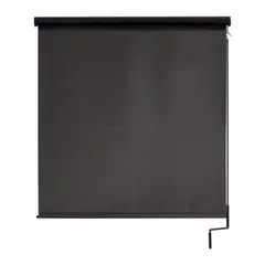 Right-side pole-and-crank-operated awning with 7 ft valence width, dark brown fabric, and oil-rubbed bronze valance. Provides 90% UV protection. Uses bungee and hook tie-down system for secure installation. Suitable for outdoor shading on patios, decks, or commercial storefronts.