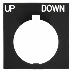 Rectangular non-metallic plastic legend plate for 30 mm panel mounting. Black body with white English legend and up-down notch configuration. Overall height 3 1/4 in, width 2 1/8 in. Used to label push-button stations in industrial control panels.