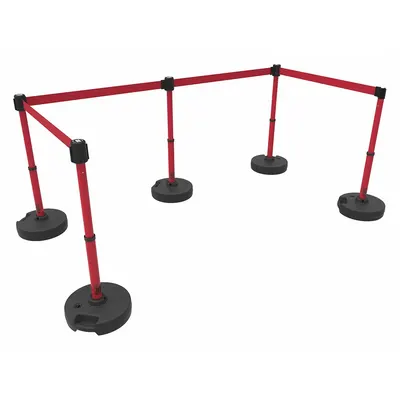 BANNER STAKES Belt Barrier System: 42 in Post Ht, 15 ft Belt Lg, Red, 5 No. of Posts - Retractable Belt Barrier Systems
