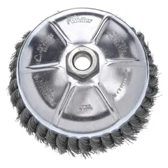 This WEILER brush features standard twist knot wire bristles for aggressive cleaning on contoured carbon steel surfaces. With a 2 3/4 in diameter and 0.02 in fill diameter, it connects via an M10 x 1.25 arbor hole. Suitable for industrial surface preparation, weld cleaning, and maintenance tasks.