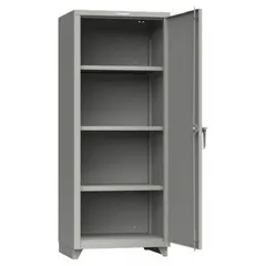Welded steel cabinet with painted medium gray finish. Includes three adjustable shelves and legs. Equipped with a swing handle and padlock hasp for security. Suitable for storage of tools, parts, and equipment in warehouses, factories, and workshops.