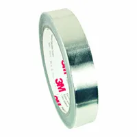 This general-purpose foil electrical tape is constructed with a silver acrylic adhesive and rated for 600 V. It is used for electrical shielding, grounding, and splicing applications in industrial controls and panel building. The tape provides conductive adhesion for EMI/RFI protection and cable repair
