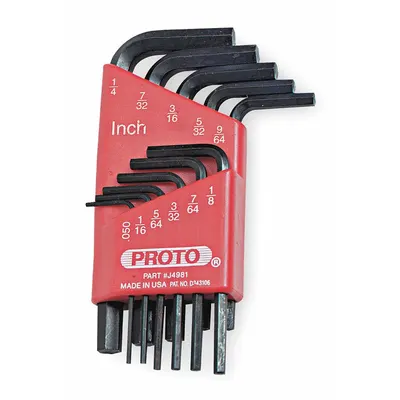 PROTO Hex Key Set: 11 - 15 Pieces, L, SAE, Std End, Short, 11 Pieces, Holder - L-Shaped Hex Key Sets