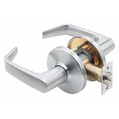 This passage lever lockset is designed for interior doors where locking is not required, such as hallways or closets. It features a 9K Contour Angle Return Lever in satin chromium-plated zinc finish, is ADA compliant, and uses a Large Format Interchangeable Core (LFIC). The ANSI F75 function ensures non-locking passage operation.