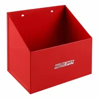 This steel bin mounts on the end panel of compatible van shelving systems to organize tools and parts in service vehicles. It measures 13 inches wide by 11 inches high and is finished in red