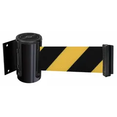 Wall-mount retractable belt barrier with a 13 ft black/yellow patterned belt and black frame. Used for crowd control, queue management, and safety delineation in high-traffic areas requiring clear visual guidance.